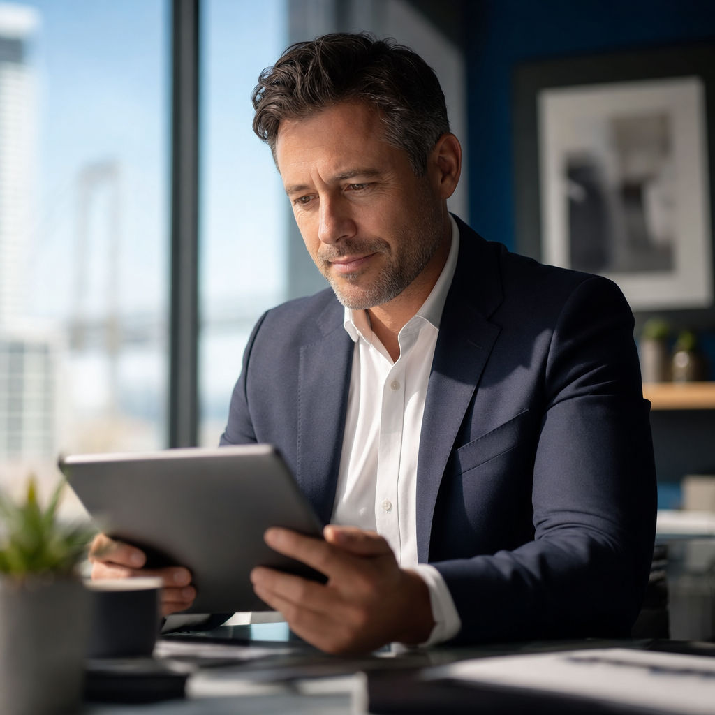 A CountWorks CFO reviewing a tablet in a bright office