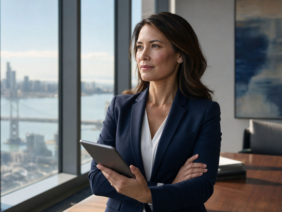 A CountWorks financial executive reviewing startup financials in a modern Bay Area office