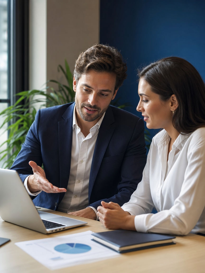 A financial advisor and startup founder reviewing accounting data together
