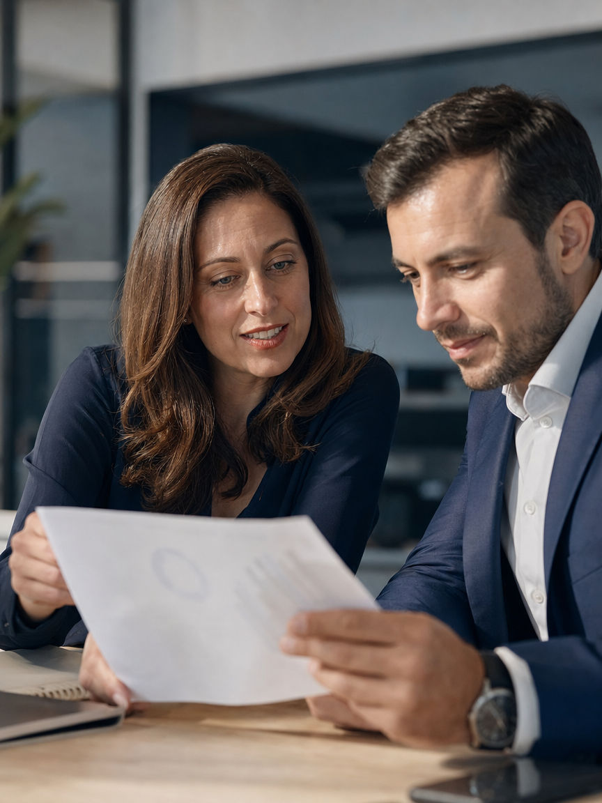Hands reviewing financial statements and spreadsheets in a meeting