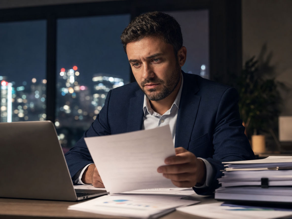 A founder reviewing financial documents late at night under investor due-diligence pressure