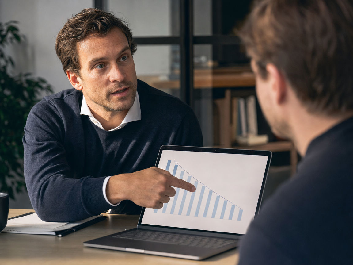 A financial controller explaining a burn-rate chart to a founder
